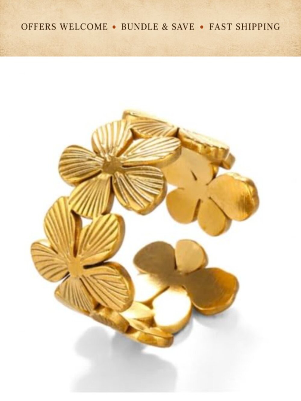 Adjustable Floral Band Ring 18K Gold Plated & Silver Tone Stainless Steel